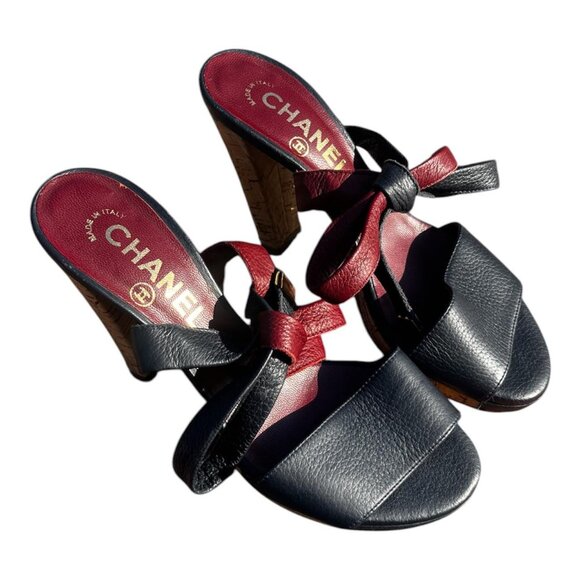 CHANEL Shoes - Chanel Shoes Blue Burgundy Cc Logo Cork Heel Leather Ankle Tie Size 6.5